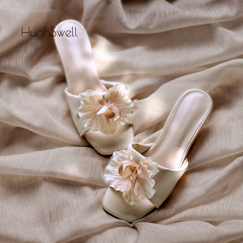 Romantic Nude Floral Butterfly Orchid Mule With Low Kitten Heel And Square Toe Elegant Evening Footwear
