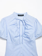 Lace Up Bow Puff Sleeve Crop Top With V Neck For Women