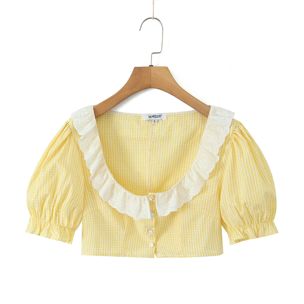 Yellow Gingham Lace Top And Skirt Set Vintage