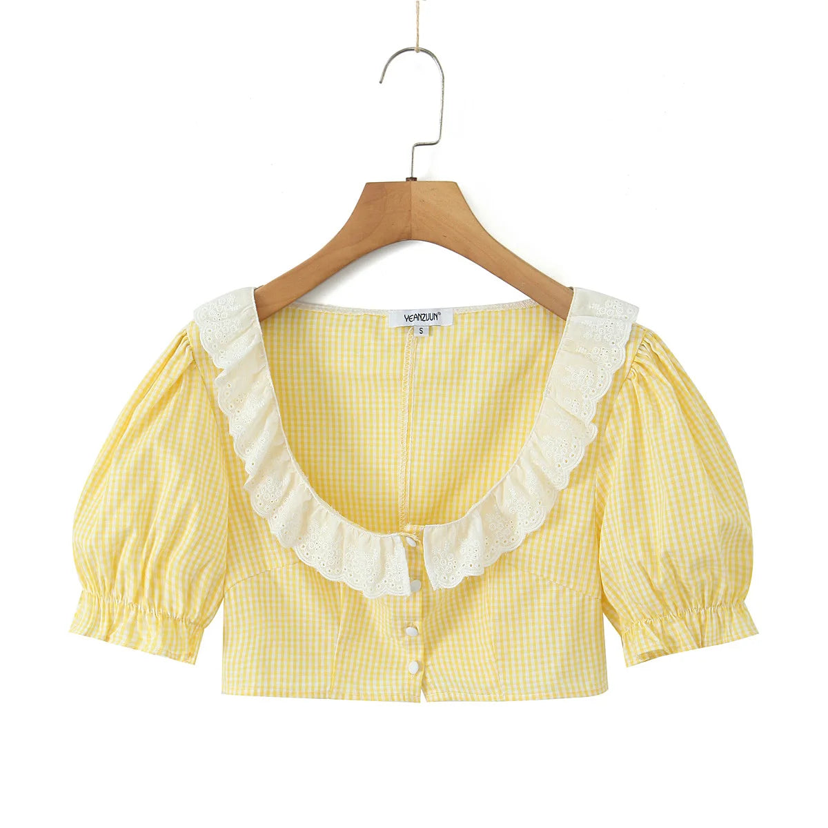 Yellow Gingham Lace Top And Skirt Set Vintage