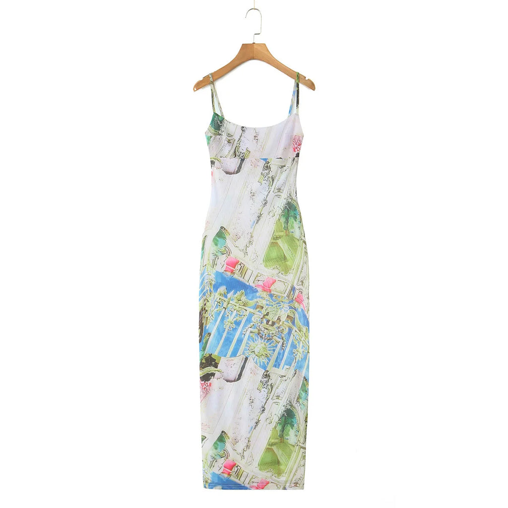 Sunlit Printed Strap Dress With Slim Fit Silhouette