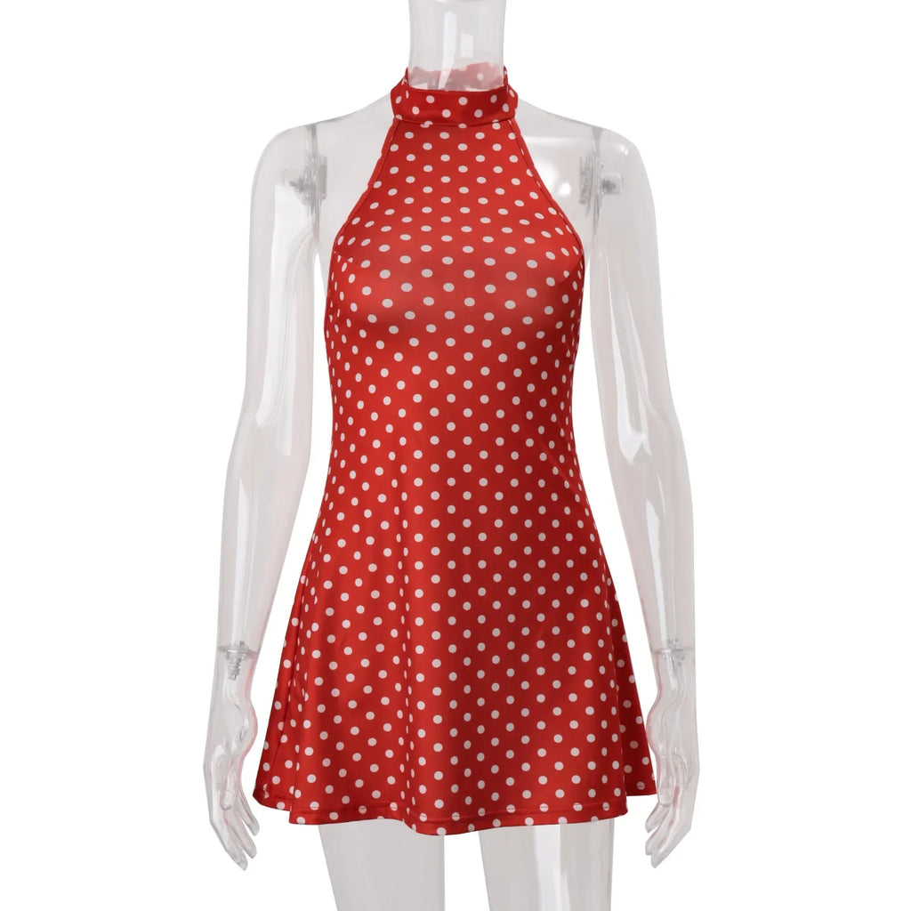 Elegant Off Shoulder Polka Dot Mini Dress Sleeveless Backless High Waist