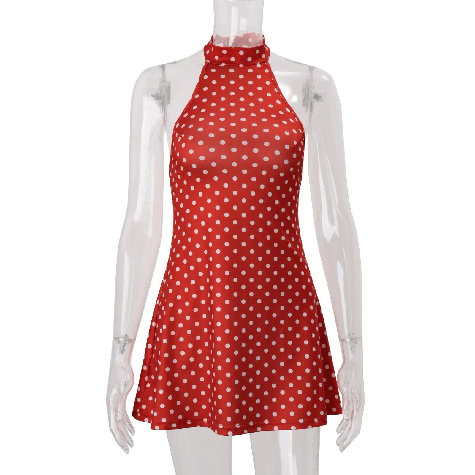 Elegant Off Shoulder Polka Dot Mini Dress Sleeveless Backless High Waist