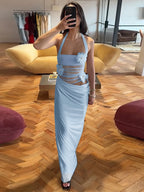 Halter Backless Sheer Mesh Maxi Dress With Floral Embellishment