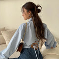 Backless Bandage Blouse With Turn Down Collar And Delicate Lace Up Details