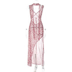 Floral Lace Up Chiffon Maxi Dress With Side Slit Backless