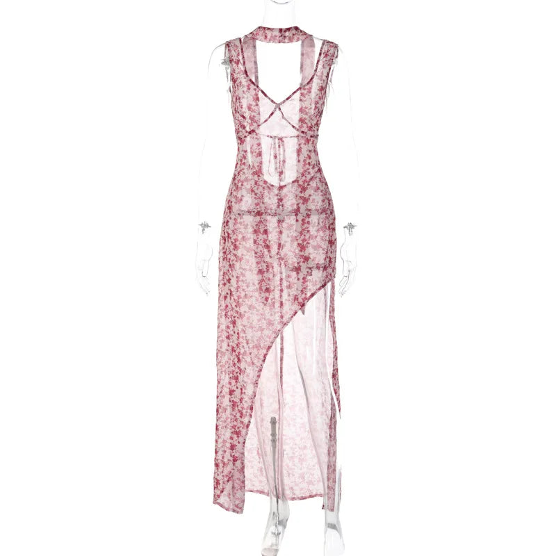 Floral Lace Up Chiffon Maxi Dress With Side Slit Backless