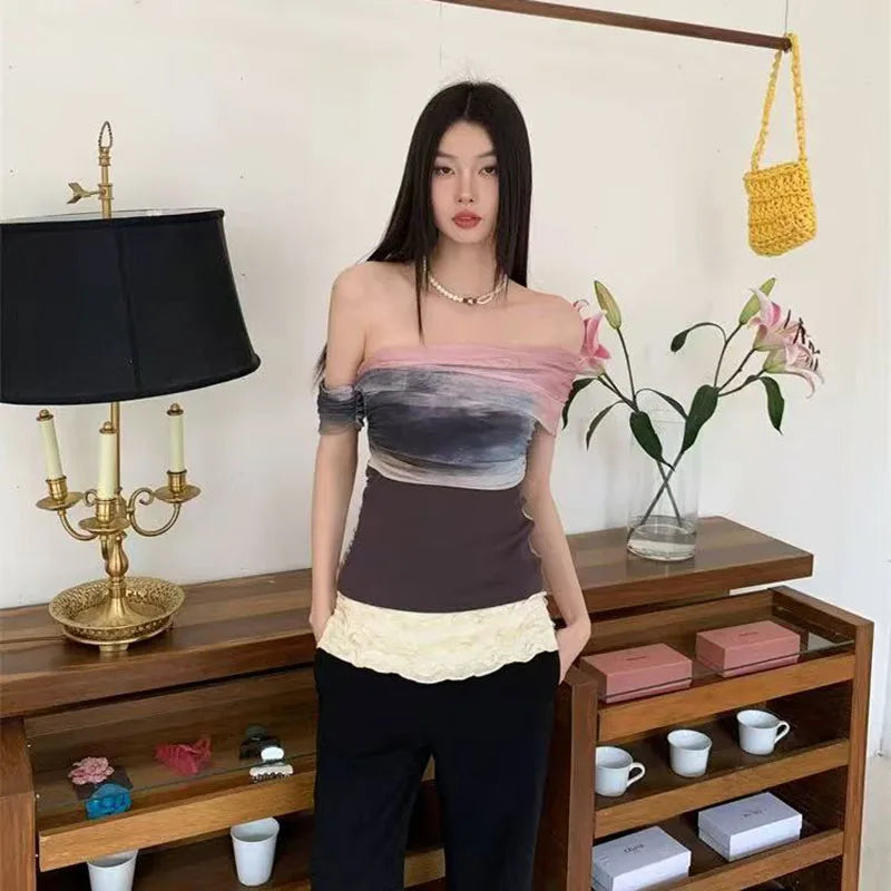 Bold Tie Dye Mesh Crop Top With Slash Neck And Patchwork