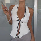 Vintage White Knit Deep V Tank Top For Women Off Shoulder