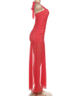 Nibber See Through Hem Halter Maxi Dress Backless Patchwork Bodycon