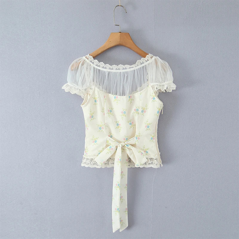 Sweet Floral Print Chic Lace Short Blouses Vintage Square Collar Puff Sleeve Slim Shirt