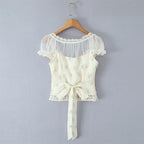 Sweet Floral Print Chic Lace Short Blouses Vintage Square Collar Puff Sleeve Slim Shirt