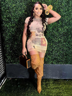Fashion Newspaper Print Bodycon Dress With O Neck And Short Sleeves