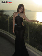 Sheer Halter Dress With Butterfly Appliques Hollow Ruffle Details Elegant Gown