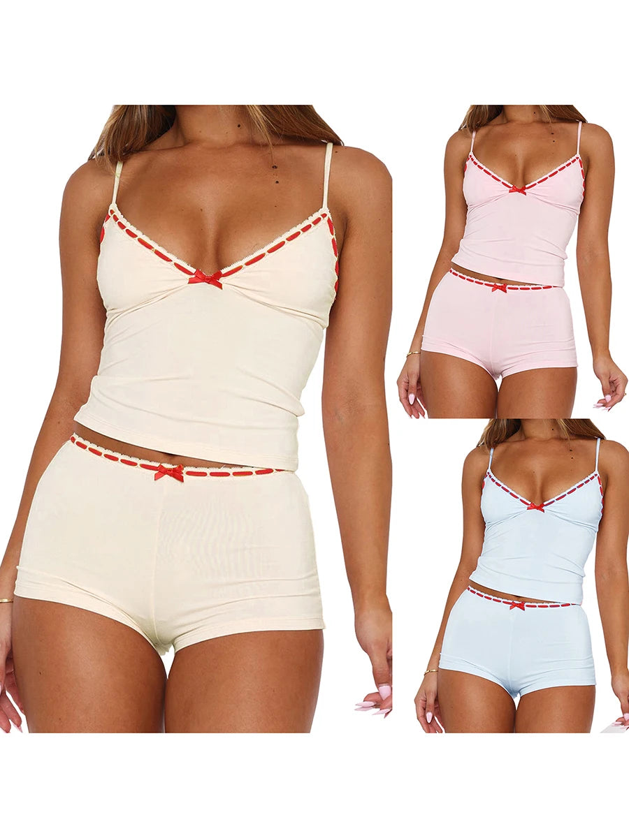 Cozy Two-piece Sleepwear Set With Bow Detail V Neck Cami Top And Soft Polyester Shorts For Lounging