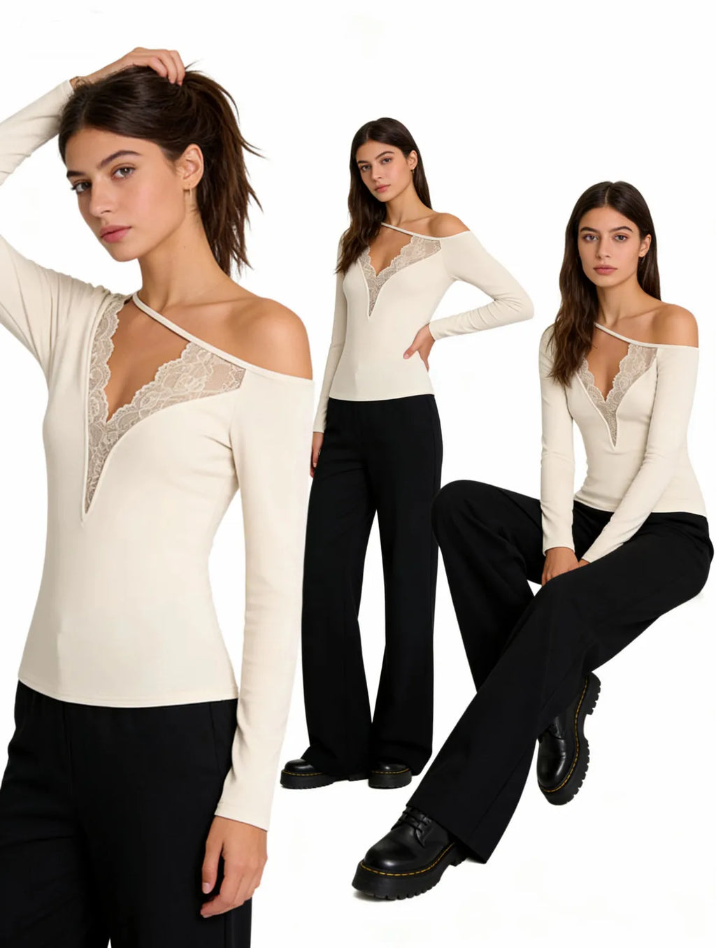 Soft Cotton Long Sleeve Lace Trim V Neck Top Feminine Style