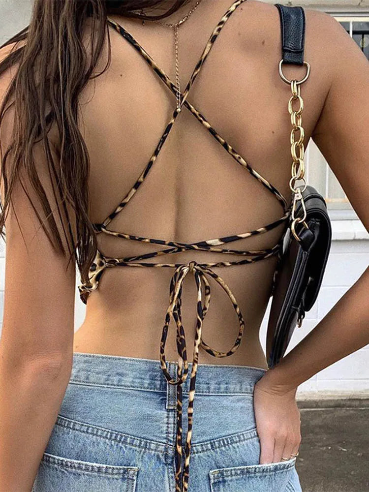 Leopard Print Backless Lace Up Bralette Crop Top