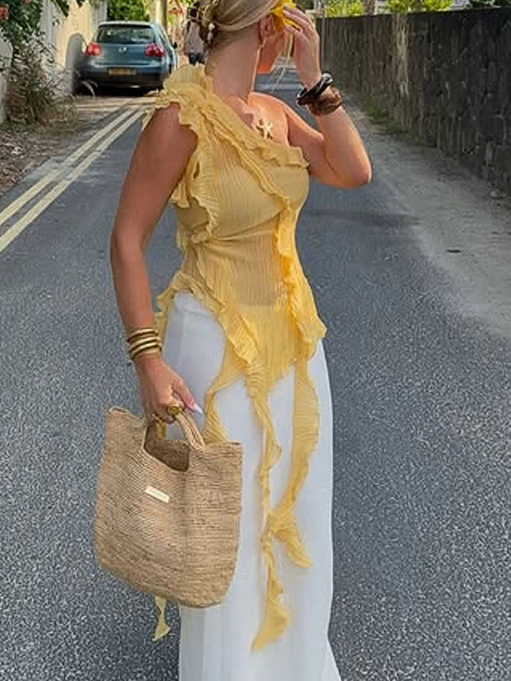 Boho Asymmetric Ruffled One Shoulder Top