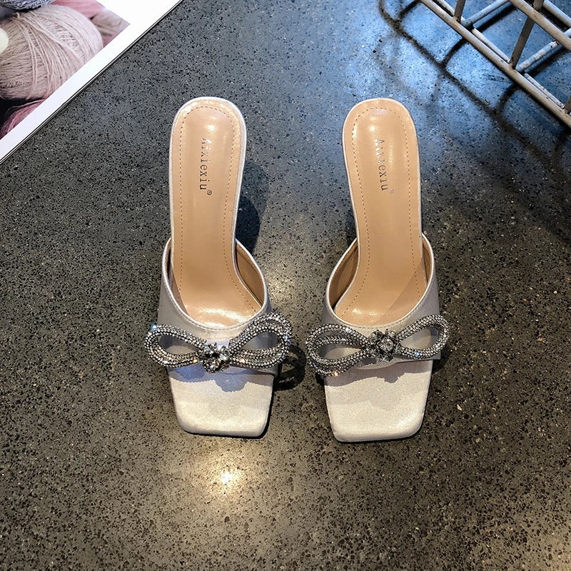 Rhinestone Butterfly Knot High Heel Sandals With Crystal Bow Mules
