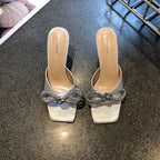 Rhinestone Butterfly Knot High Heel Sandals With Crystal Bow Mules