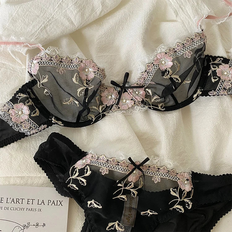 Lace Set With Embroidered Details Two-piece Sheer Push Up Bra And Matching Briefs