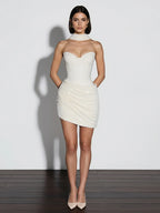 Sequin Patchwork Strapless Mini Dress Off Shoulder With Scarf Collar And Pleated Waist Cinch