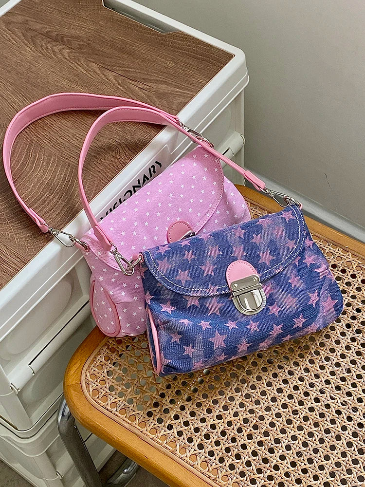 Contrast Color Star Print Crossbody Bag for Women Lightweight Shoulder Purse With Buckle