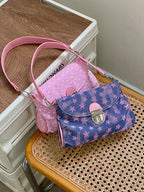 Contrast Color Star Print Crossbody Bag for Women Lightweight Shoulder Purse With Buckle