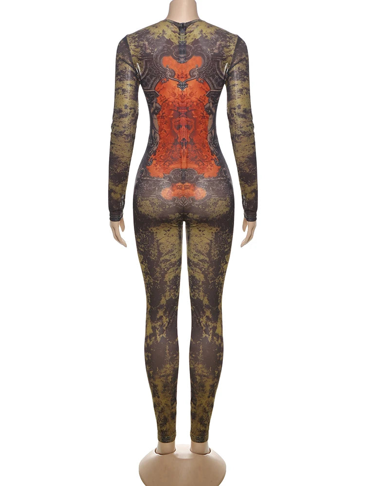 Tie Dye Jumpsuit With O Neck Zip Front Slim Streetwear Overalls