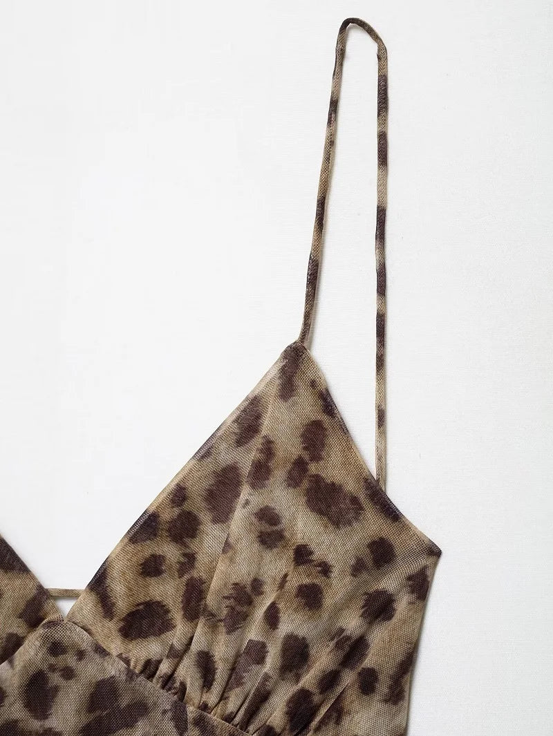 Leopard Print Tulle Slip Dress With Backless Draped