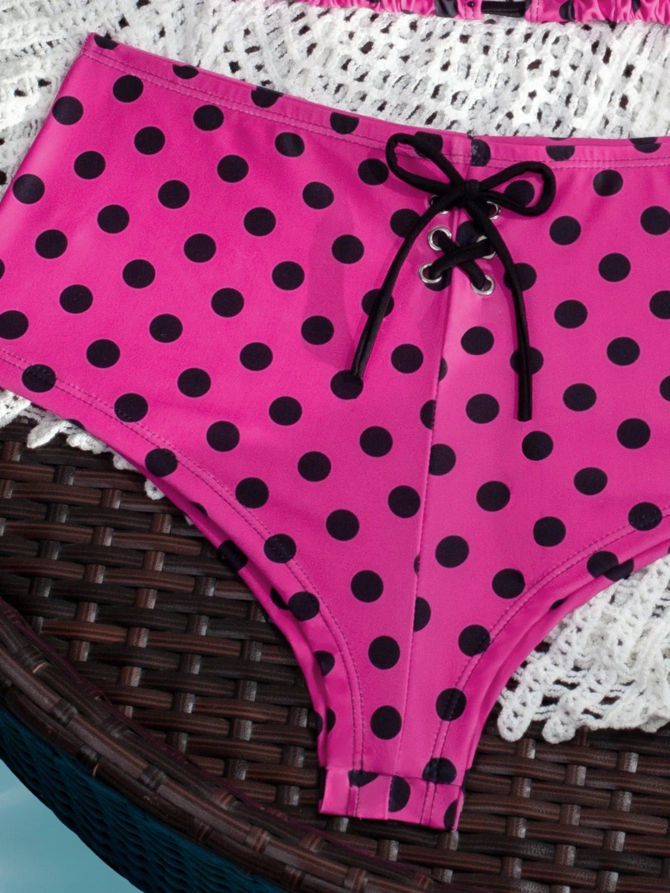 Hot Pink Polka Dot Bikini Set With Halter Top Push Up Detail High Waist Bottom Swimwear