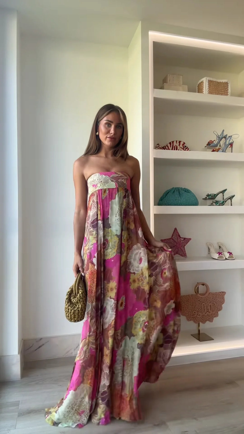 Printed Strapless Maxi Dress Elegant Off Shoulder Backless Gown High Waist