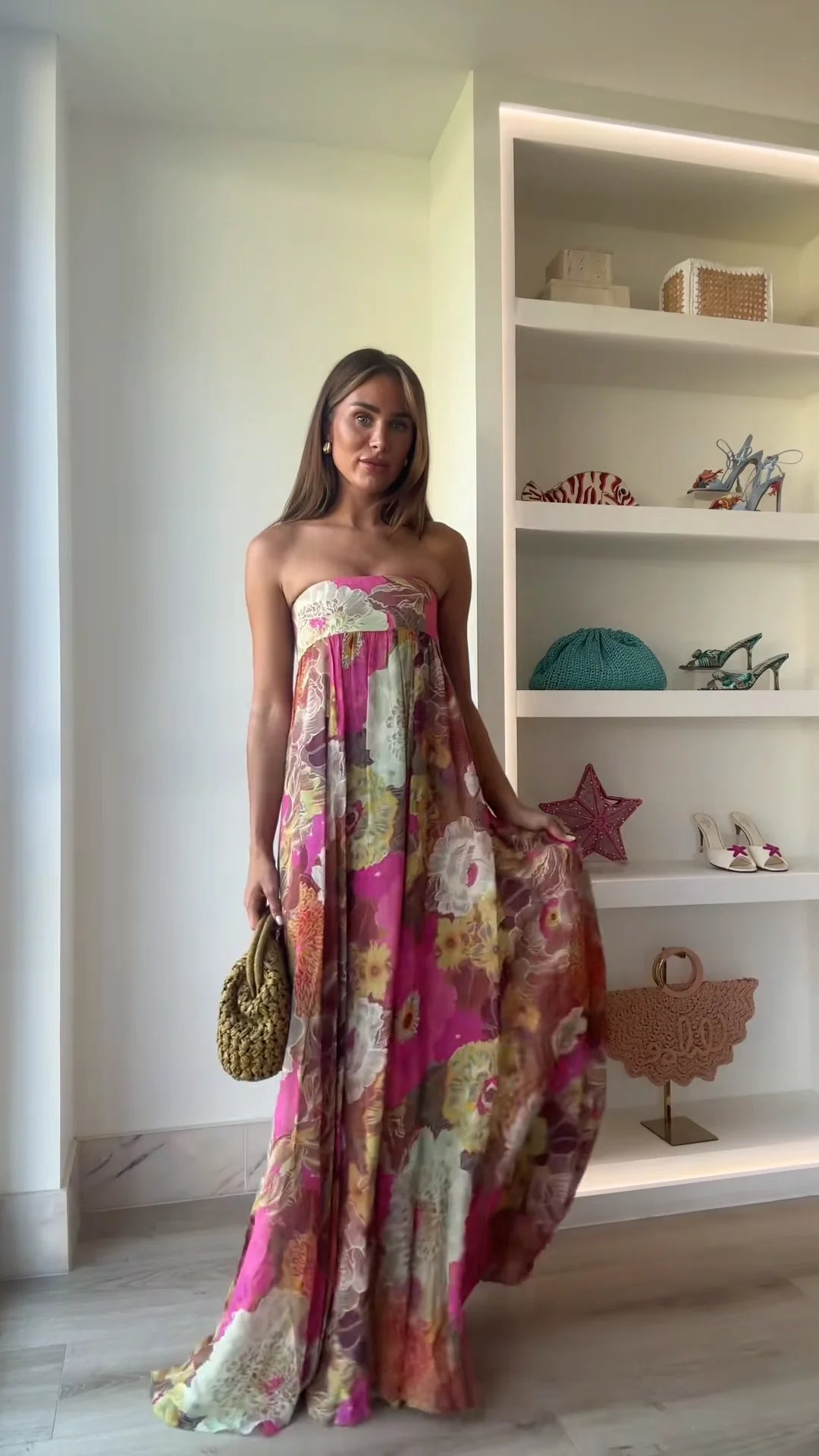 Printed Strapless Maxi Dress Elegant Off Shoulder Backless Gown High Waist