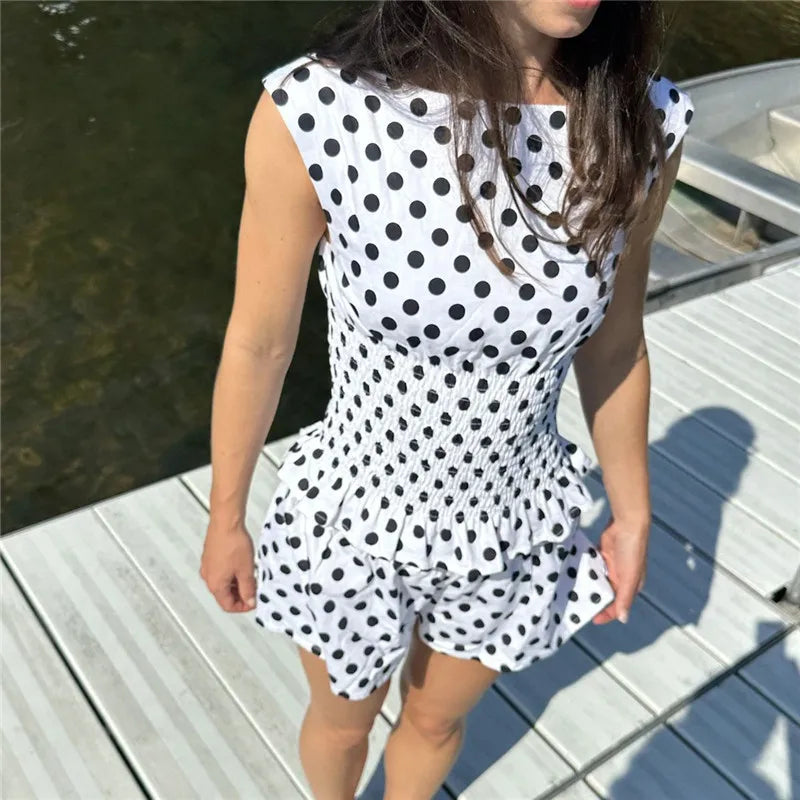 Vintage Chic Polka Dot Set Sleeveless Tank Top With Elastic Waist Shorts