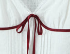 White Bow Detail Puff Sleeve V Neck Top With Vintage Charm And Flirty Slim Silhouette