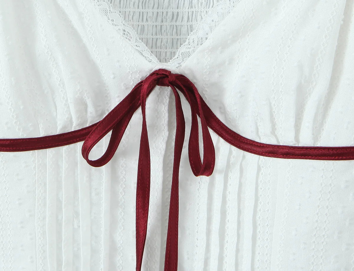 White Bow Detail Puff Sleeve V Neck Top With Vintage Charm And Flirty Slim Silhouette
