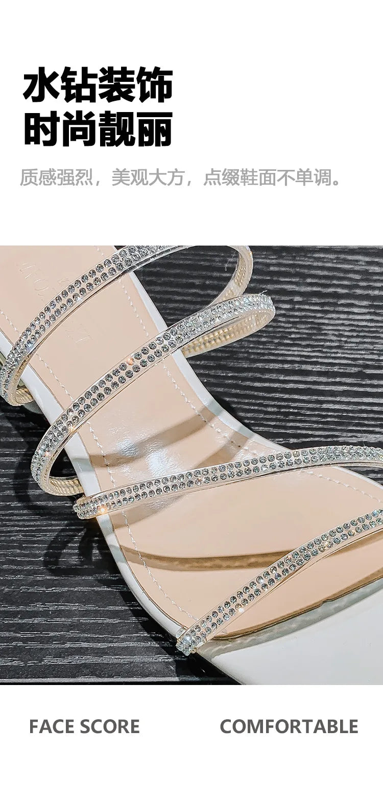 Crystal Rhinestone Clear Strap Sandals With Low Heel