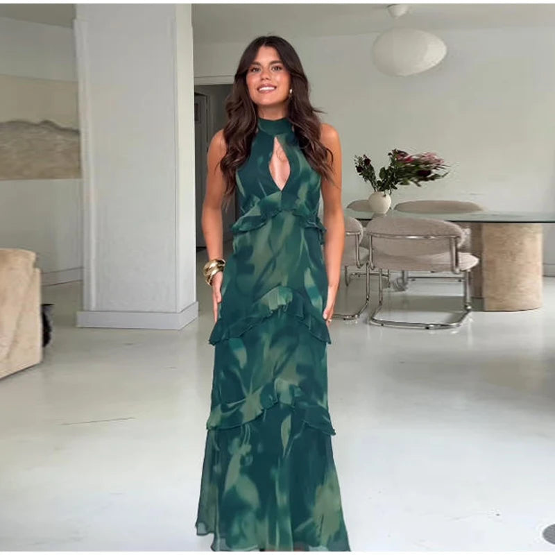 Boho Floral Halter Maxi Dress With Cutout And Tiered Ruffles Sleeveless