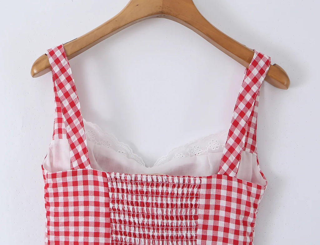 Red Plaid Corset Camis Lace Trim Bow Detail Bustier Sexy Top