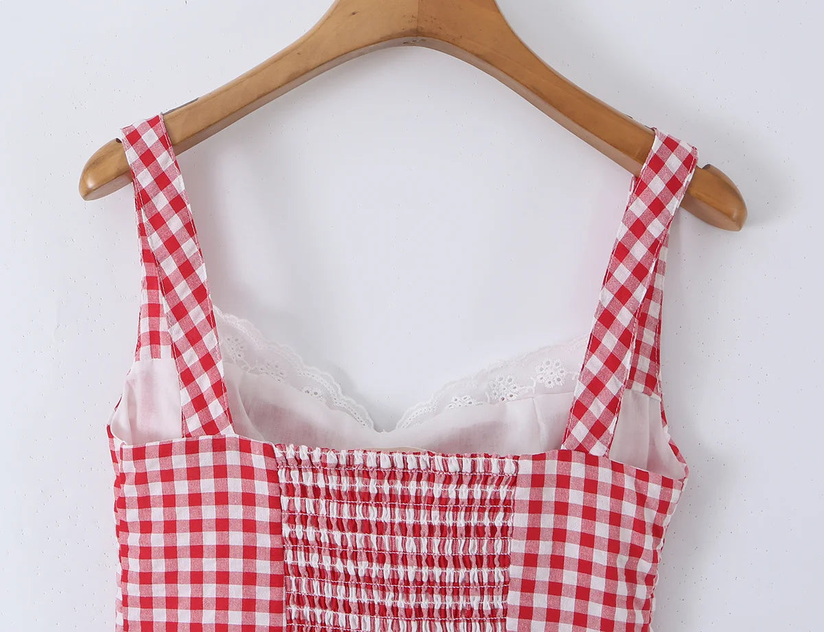 Red Plaid Corset Camis Lace Trim Bow Detail Bustier Sexy Top
