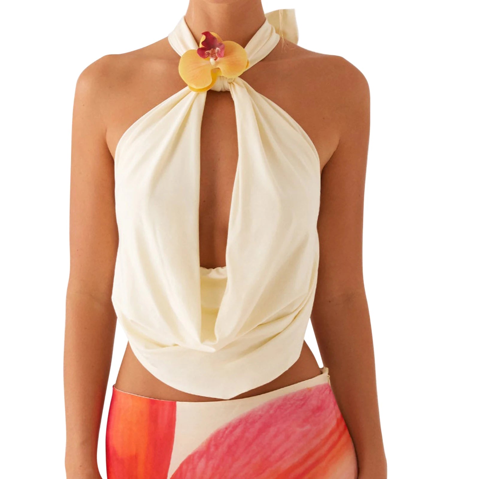 Vintage 3D Flower Cami Top With Halter Backless And Draped Front