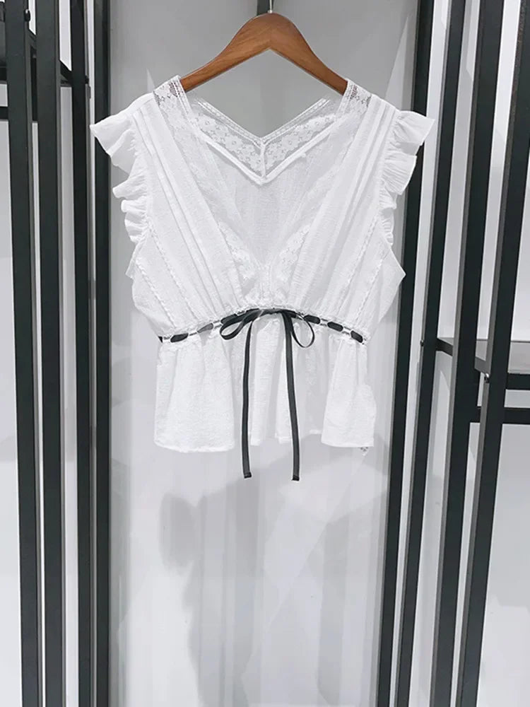 Sweet Lace V Neck Blouse With Ruffles And Flutter Sleeves