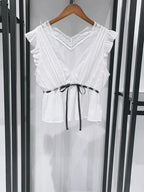 Sweet Lace V Neck Blouse With Ruffles And Flutter Sleeves