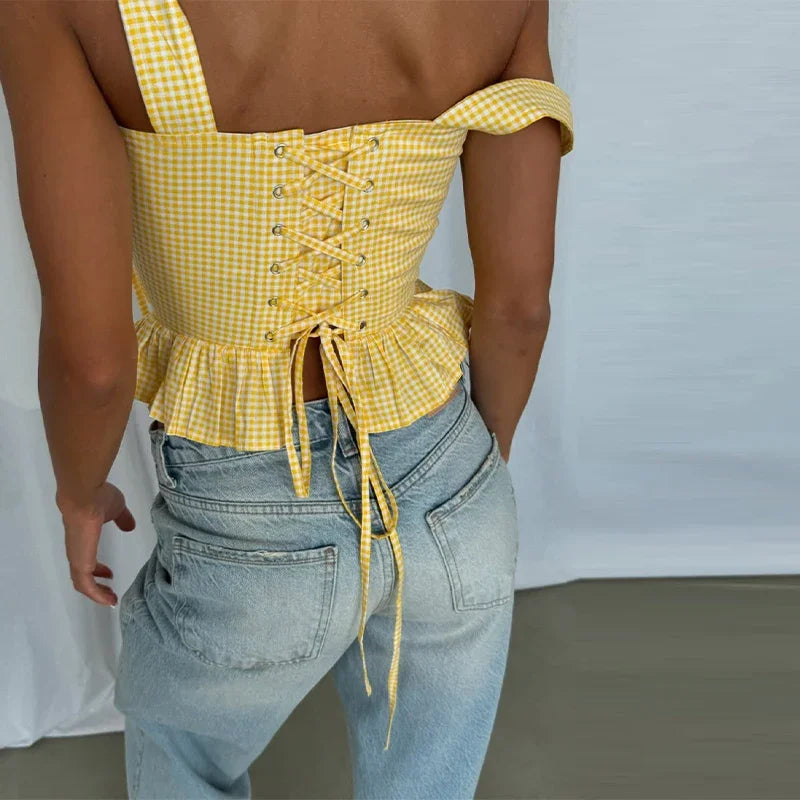 Sunny Plaid Sling Top With Ruffles V Neck Sleeveless