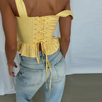 Sunny Plaid Sling Top With Ruffles V Neck Sleeveless