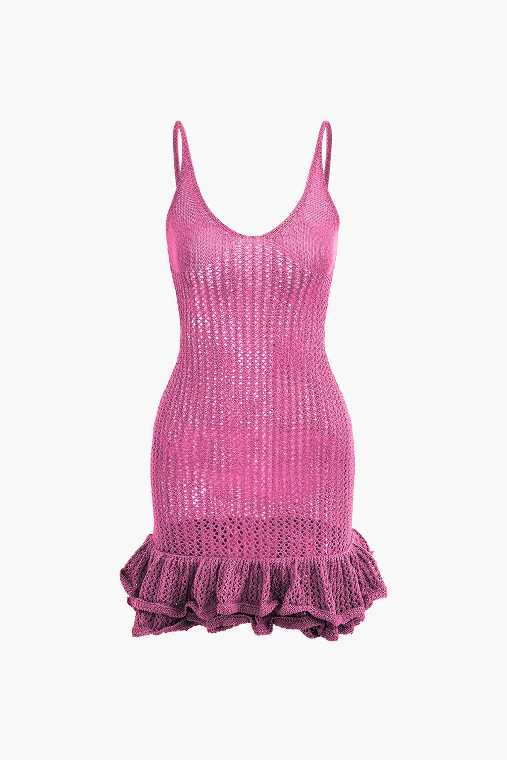 Open Knit Crochet Cami Mini Dress With Ruffle Hem