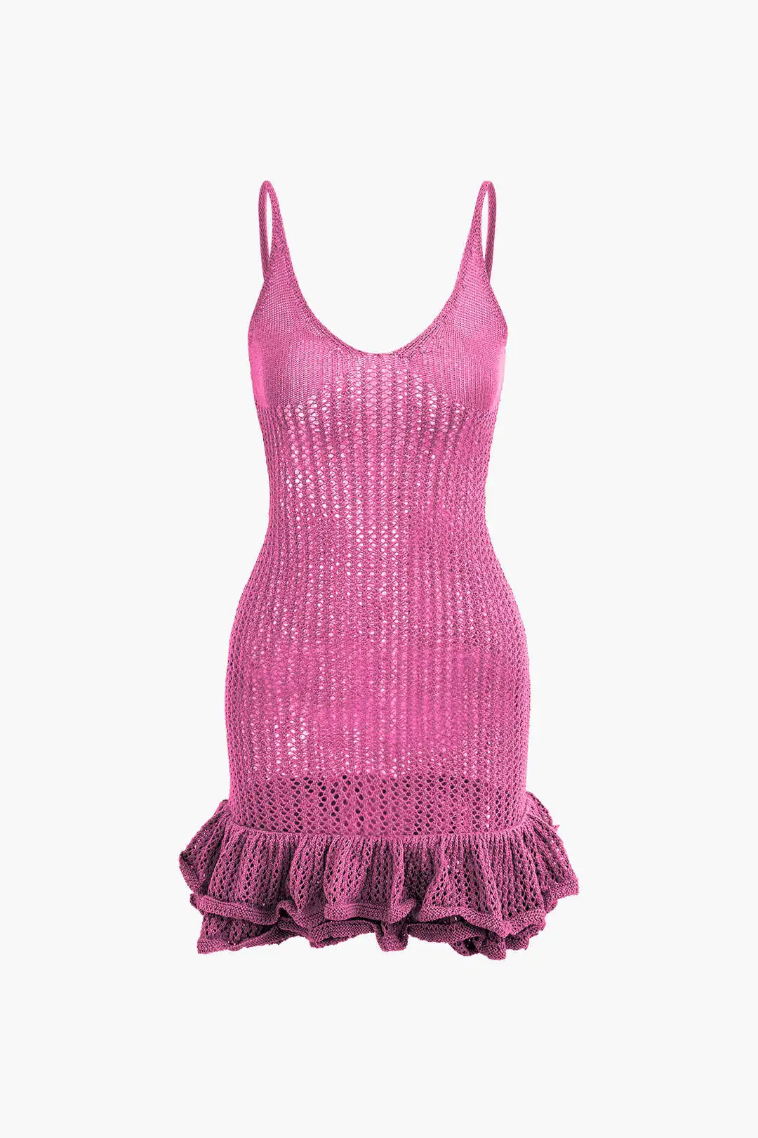 Open Knit Crochet Cami Mini Dress With Ruffle Hem