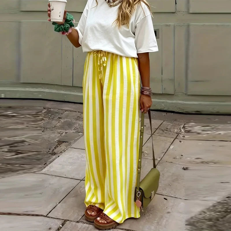 Relaxed Striped Pants For Women With Elastic Waist And Lace Up Detail Wide Leg Straight Trousers