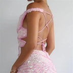 Butterfly Sequin Knit Crochet Crop Top Off Shoulder Backless