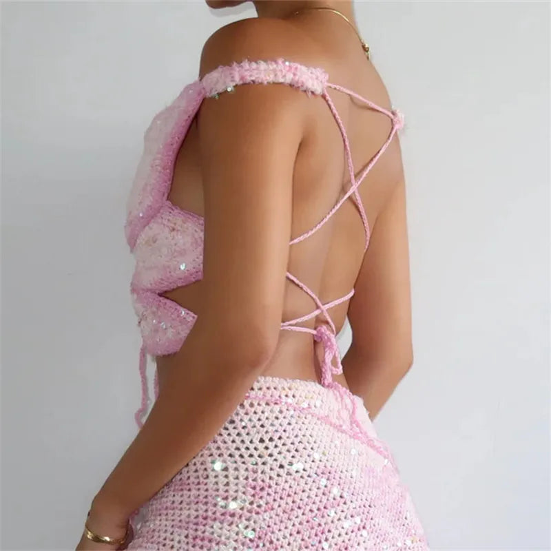 Butterfly Sequin Knit Crochet Crop Top Off Shoulder Backless
